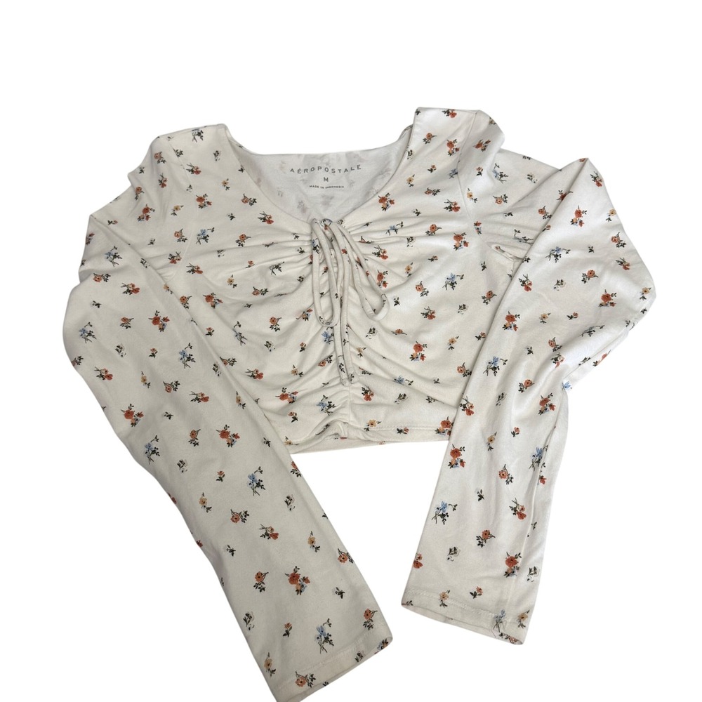 Aeropostale Womens Medium White Floral Ruched Front Long Sleeve Crop Top Y2K
